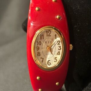 Red KJL Quartz Watch with Gold Accents / Vintage ~ Never Worn